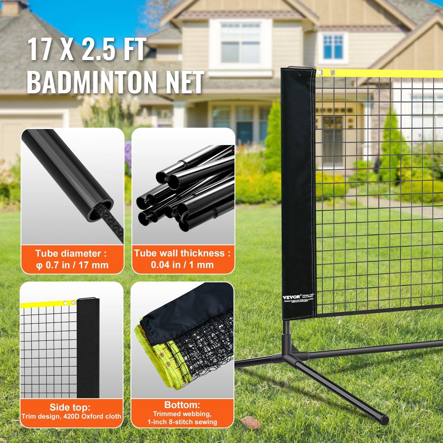 VEVOR Badminton Net, Height Adjustable Volleyball Net, 17ft Wide Foldable Pickleball Net, Portable Easy Setup Tennis Net Set with Poles, Stand and Carry Bag, for Kids Backyard Game Indoor Outdoor Use