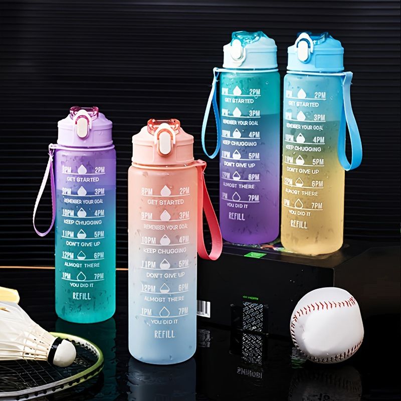 32oz/900mL Motivational Water Bottle With Straw & Time Marker; Daily Water Intake Bottle With Carrying Strap For Fitness Gym School Mountain Climbing Yoga Hiking