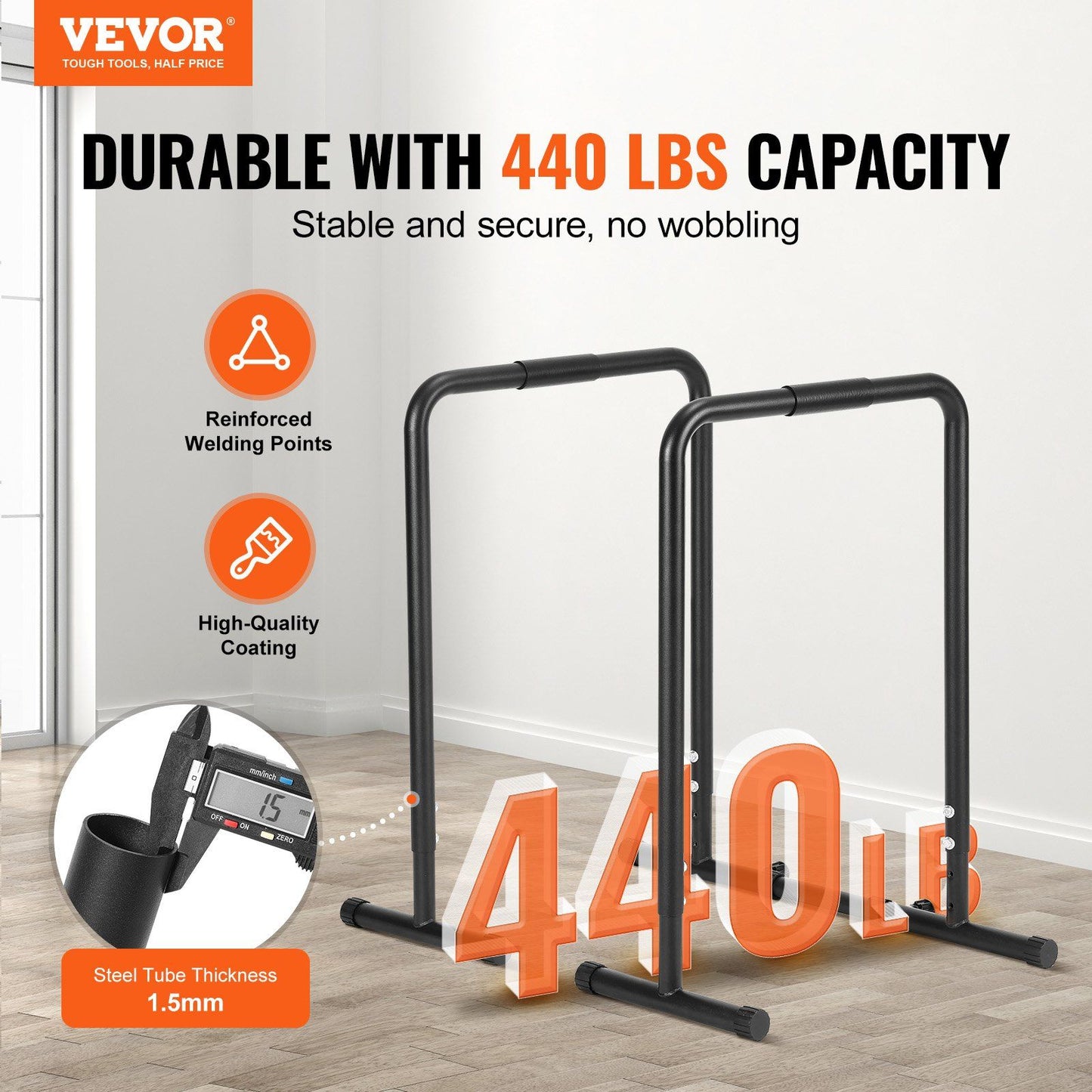 VEVOR Dip Bar, 440 lbs Capacity, Heave Duty Dip Stand Station with Adjustable Height, Fitness Workout Dip Bar Station Stabilizer Parallette Push Up Stand, Parallel Bars for Strength Training Home Gym