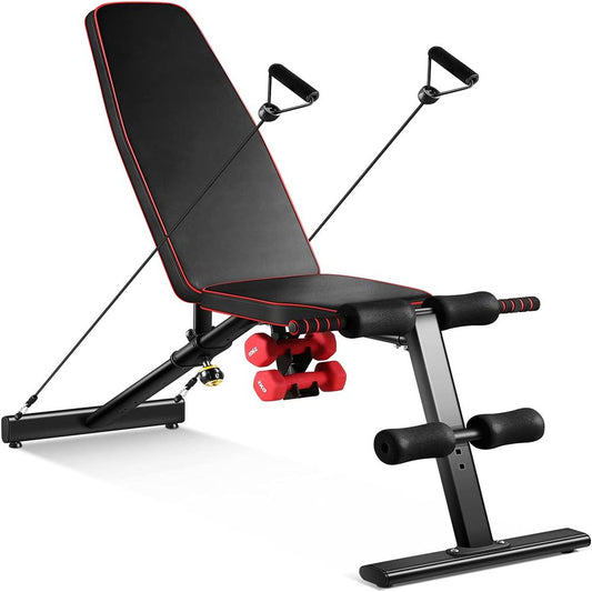 Adjustable Fitness Bench with Dumbbells and Resistance Bands;  Folding Incline Bench for Home Gym