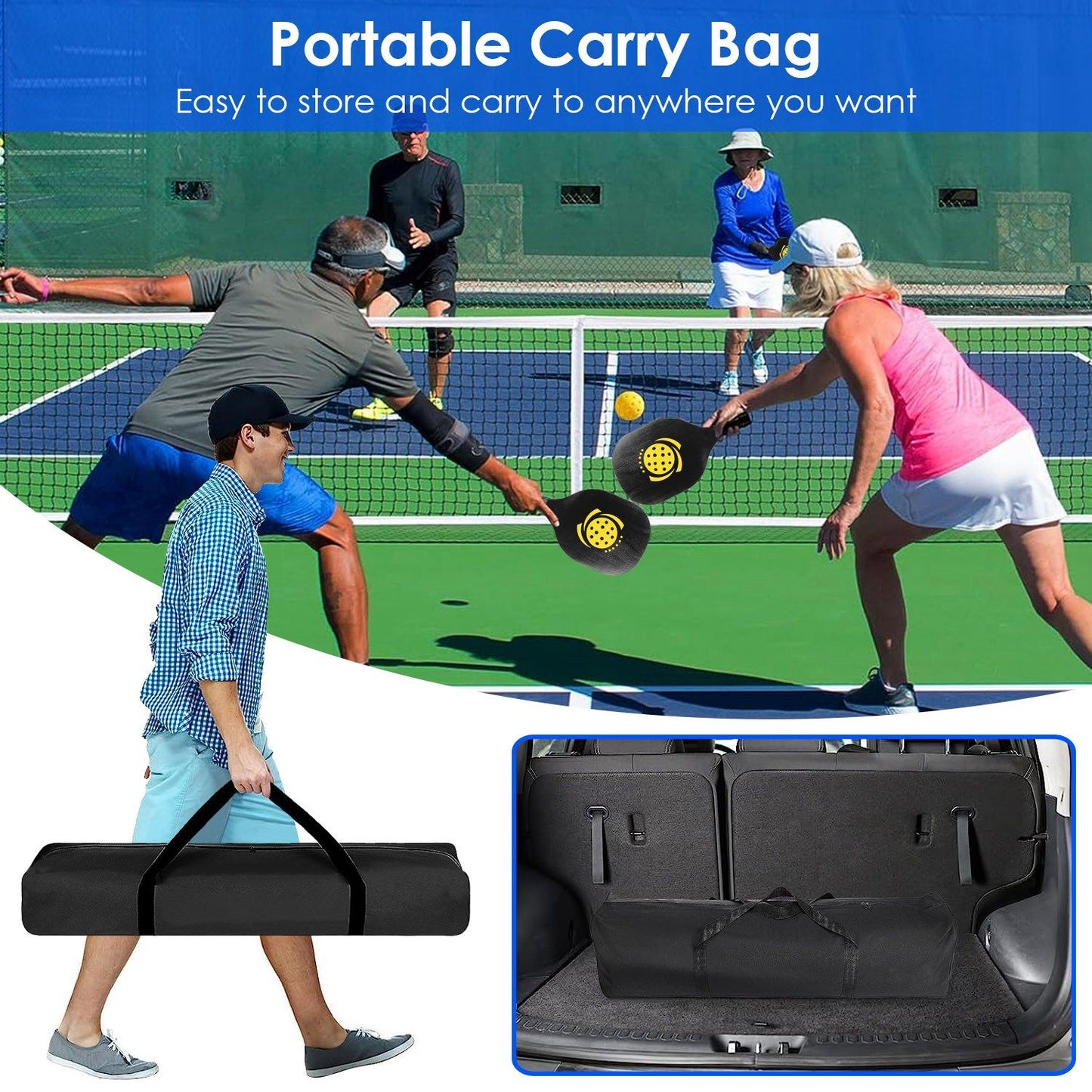 Portable Pickleball Net Set 22ft Regulation Size Net Pickle Ball Net System with 4 Pickleballs 4 Paddles Carrying Bag for Driveway Backyard