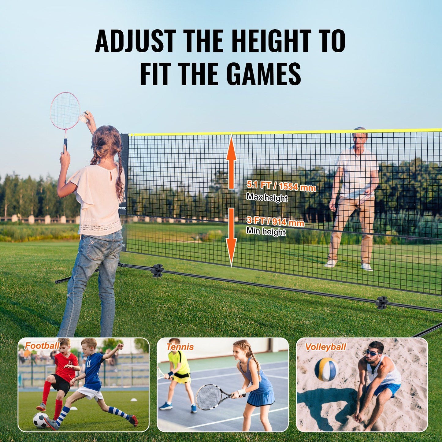 VEVOR Badminton Net, Height Adjustable Volleyball Net, 20ft Wide Foldable Pickleball Net, Portable Tennis Net Set with Poles, Stand, Bag, Rackets, Nylon Shuttlecocks, Kid Backyard Indoor Outdoor Use