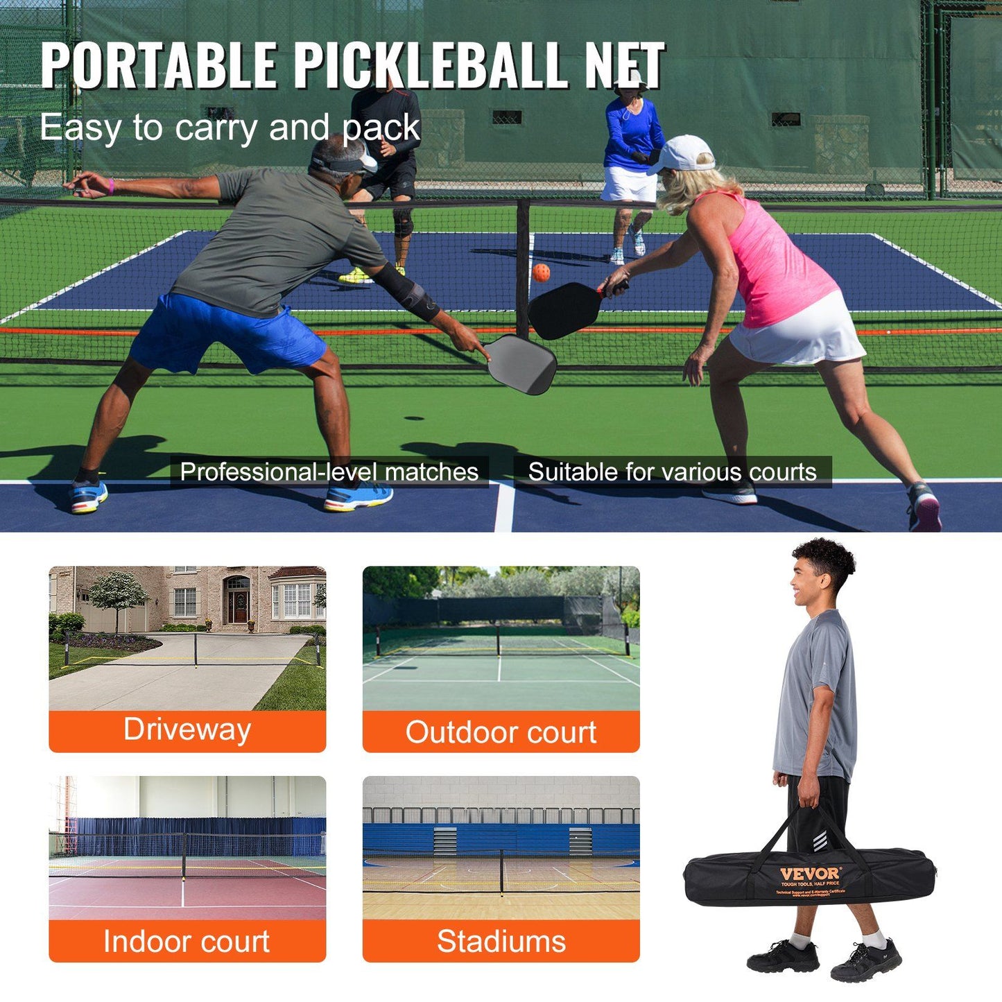 VEVOR Pickleball Net Set, 22FT Regulation Size Portable Pickleball System with Carrying Bag, Balls, and Wheels, Weather Resistant Steady Metal Frame & Strong PE Net, for Outdoor Backyard Driveway