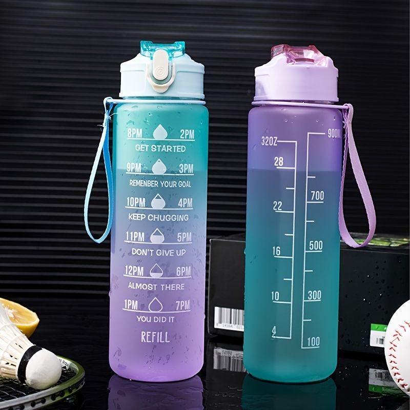 32oz/900mL Motivational Water Bottle With Straw & Time Marker; Daily Water Intake Bottle With Carrying Strap For Fitness Gym School Mountain Climbing Yoga Hiking