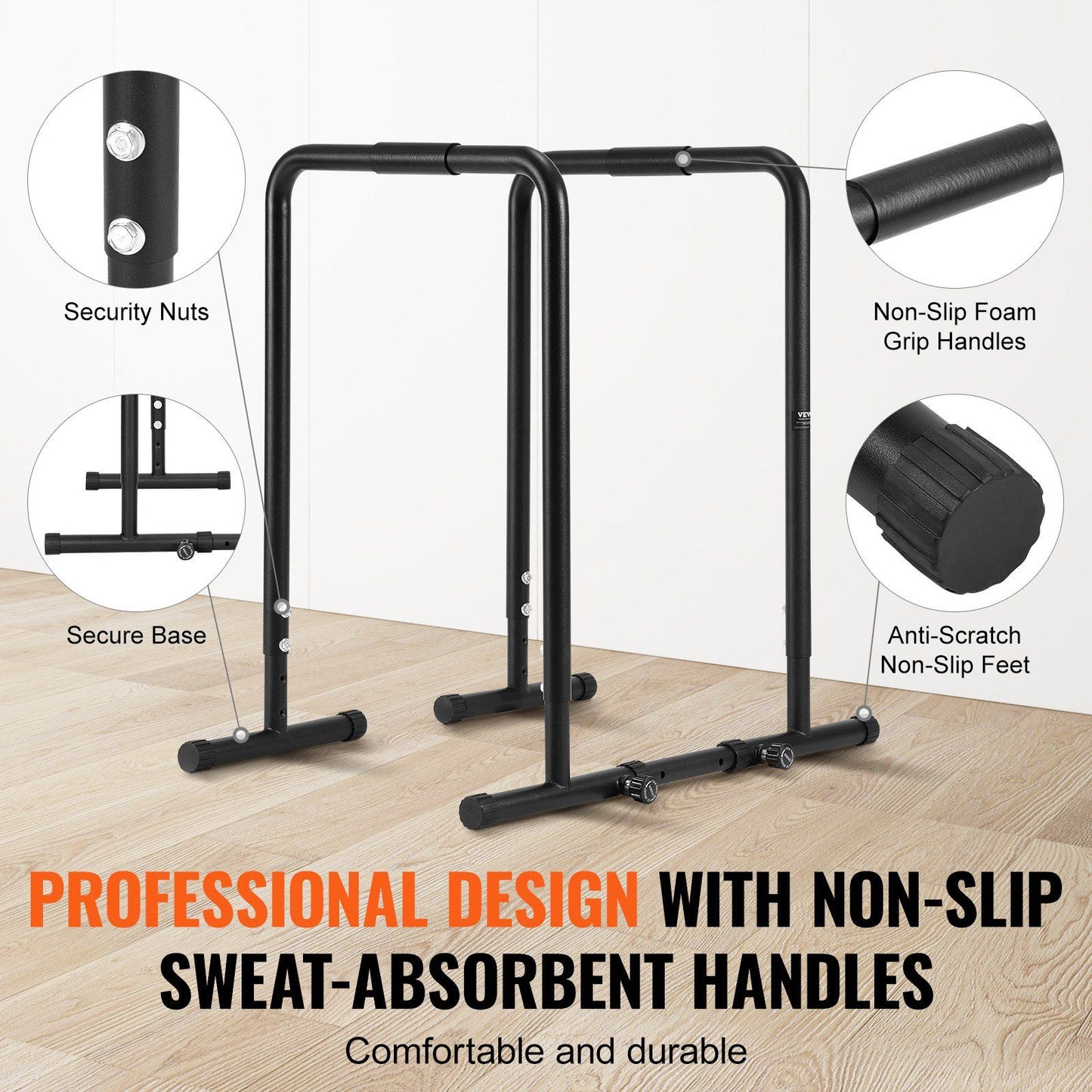 VEVOR Dip Bar, 440 lbs Capacity, Heave Duty Dip Stand Station with Adjustable Height, Fitness Workout Dip Bar Station Stabilizer Parallette Push Up Stand, Parallel Bars for Strength Training Home Gym