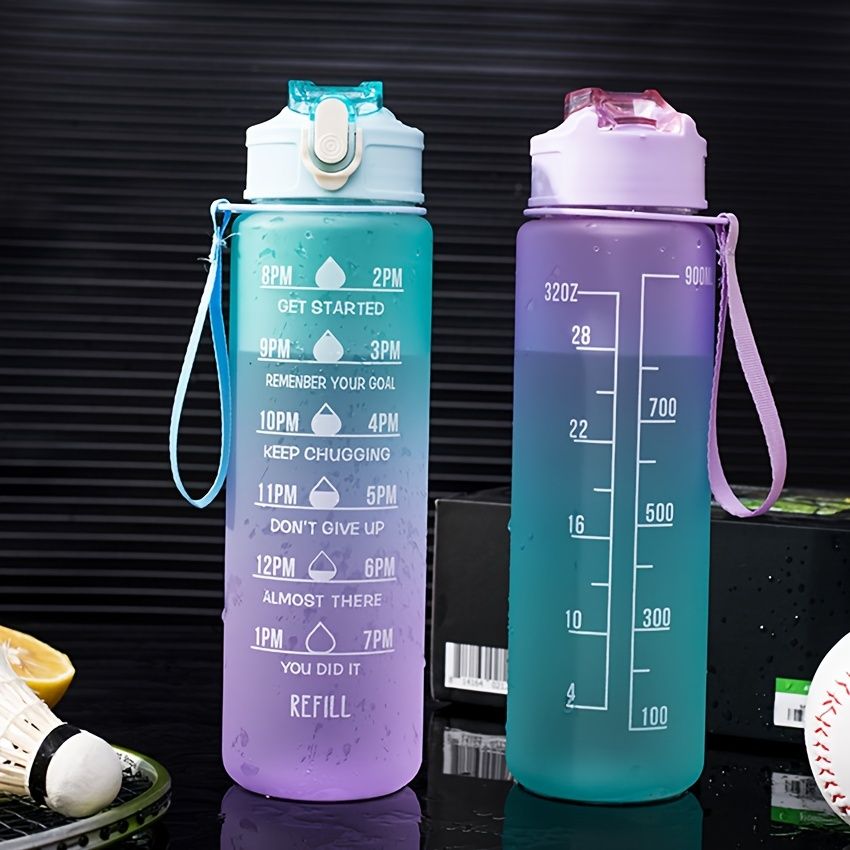 32oz/900mL Motivational Water Bottle With Straw & Time Marker; Daily Water Intake Bottle With Carrying Strap For Fitness Gym School Mountain Climbing Yoga Hiking