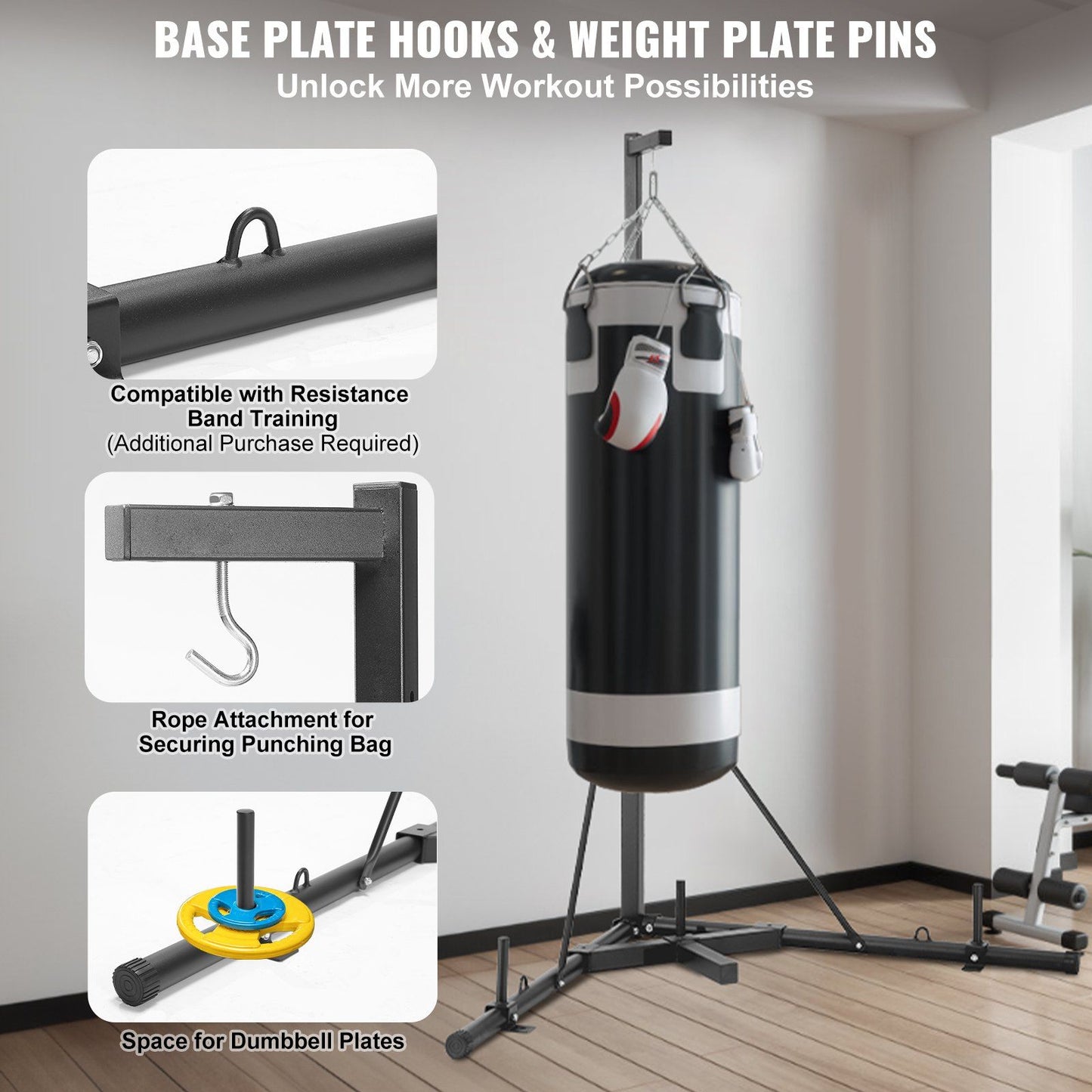 VEVOR Punching Bag Stand, Steel Heavy Duty Workout Training Equipment, Adjustable Height Boxing Punching Stand with Weighted Base, Holds Up to 400 lbs, Freestanding Sandbag Rack for Home Gym Fitness