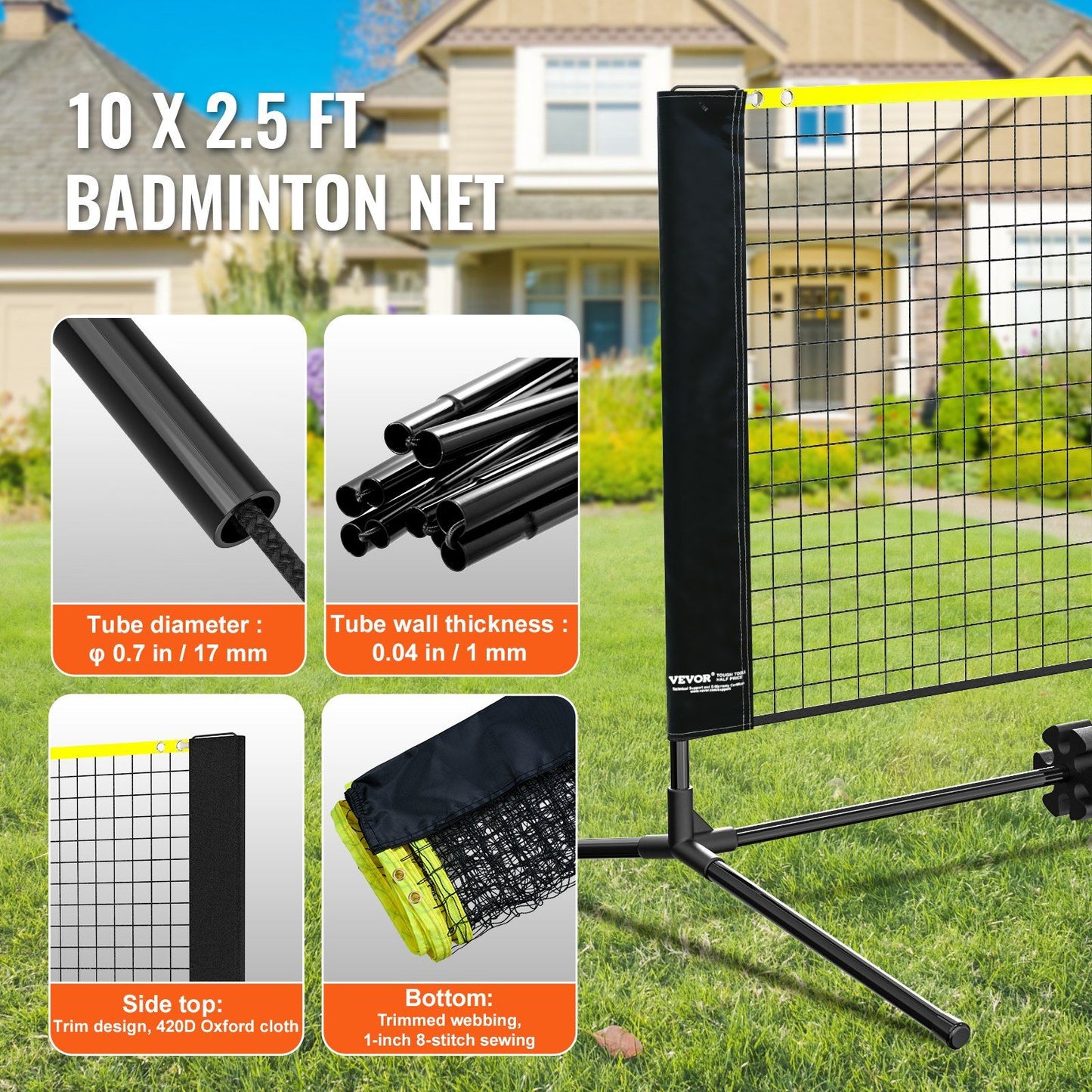 VEVOR Badminton Net, Height Adjustable Volleyball Net, 10ft Wide Foldable Pickleball Net, Portable Easy Setup Tennis Net Set with Poles, Stand and Carry Bag, for Kids Backyard Game Indoor Outdoor Use