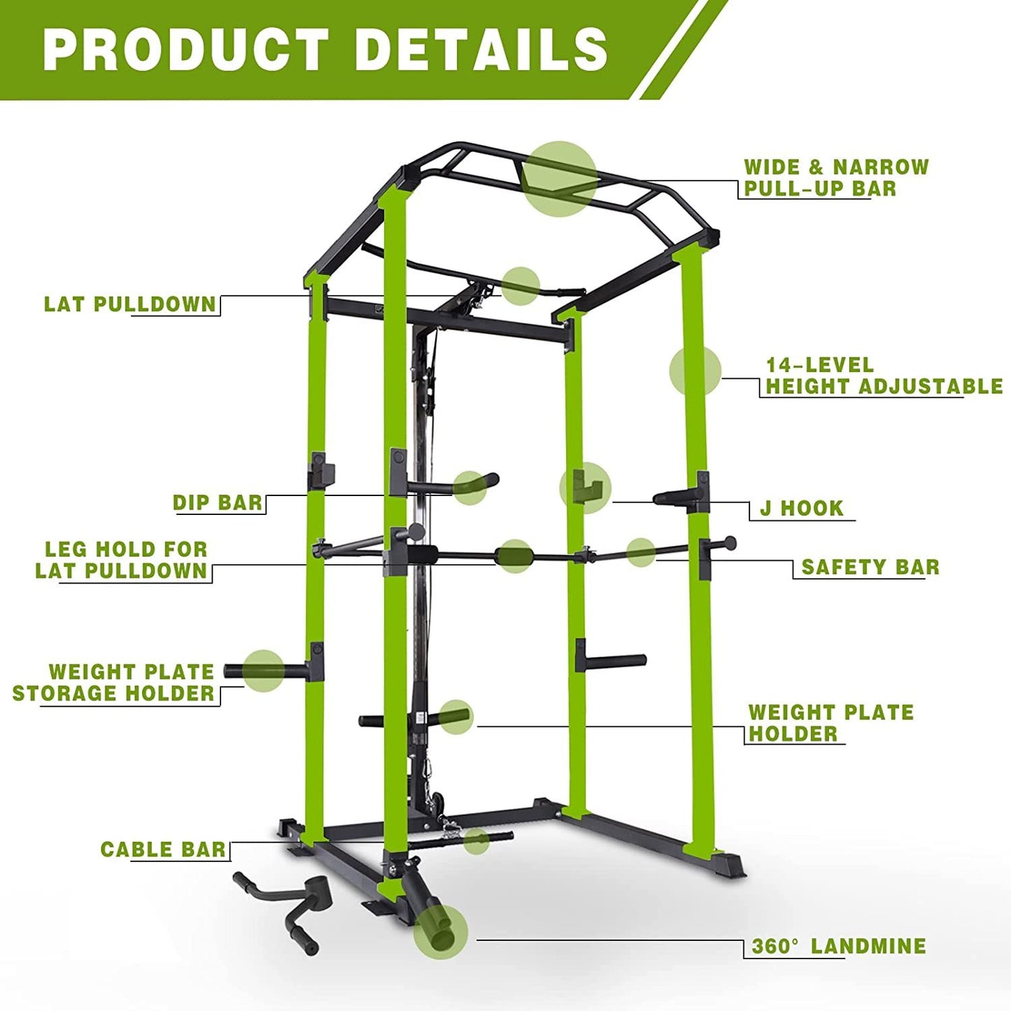 160lb Green Home Gym Set Multi-functional Power Cage, Home Adjustable Pullup Squat Rack 1000Lbs Capacity Comprehensive Fitness Barbell Rack