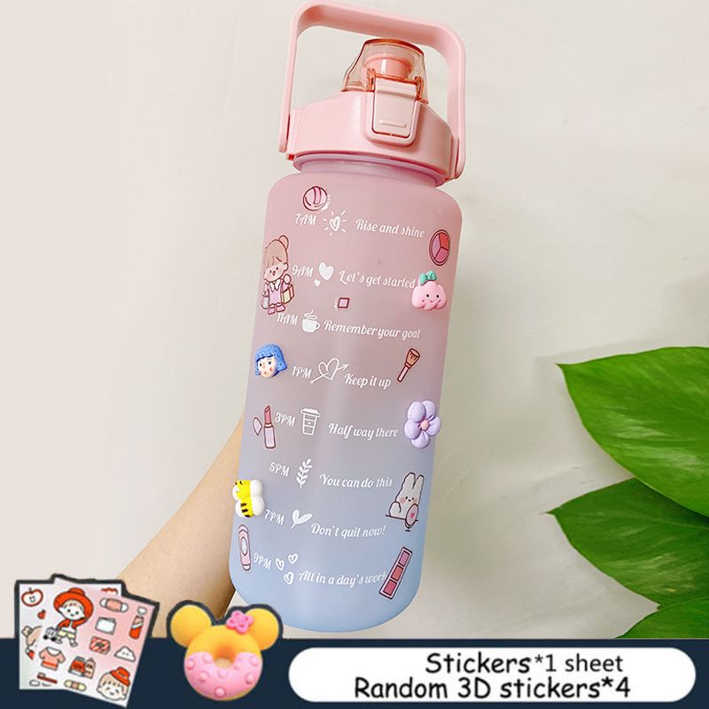 2L Large Capacity Water Bottle With Bounce Cover Time Scale Reminder Frosted Cup With Cute Stickers For Outdoor Sports Fitness