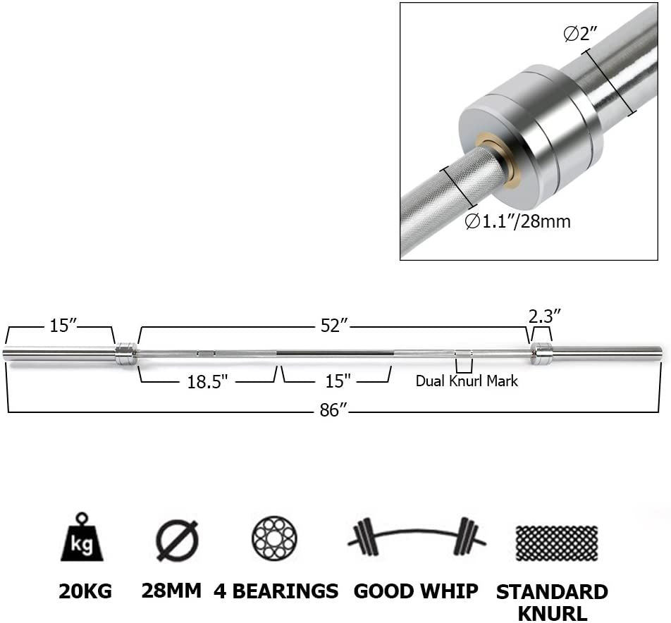 Barbell Bar for 2" Olympic Plates, Home Gym Weightlifting Bar 4Ft Solid Chrome Weight Bar 5Ft Fitness Training Curl Barbell 7.2Ft