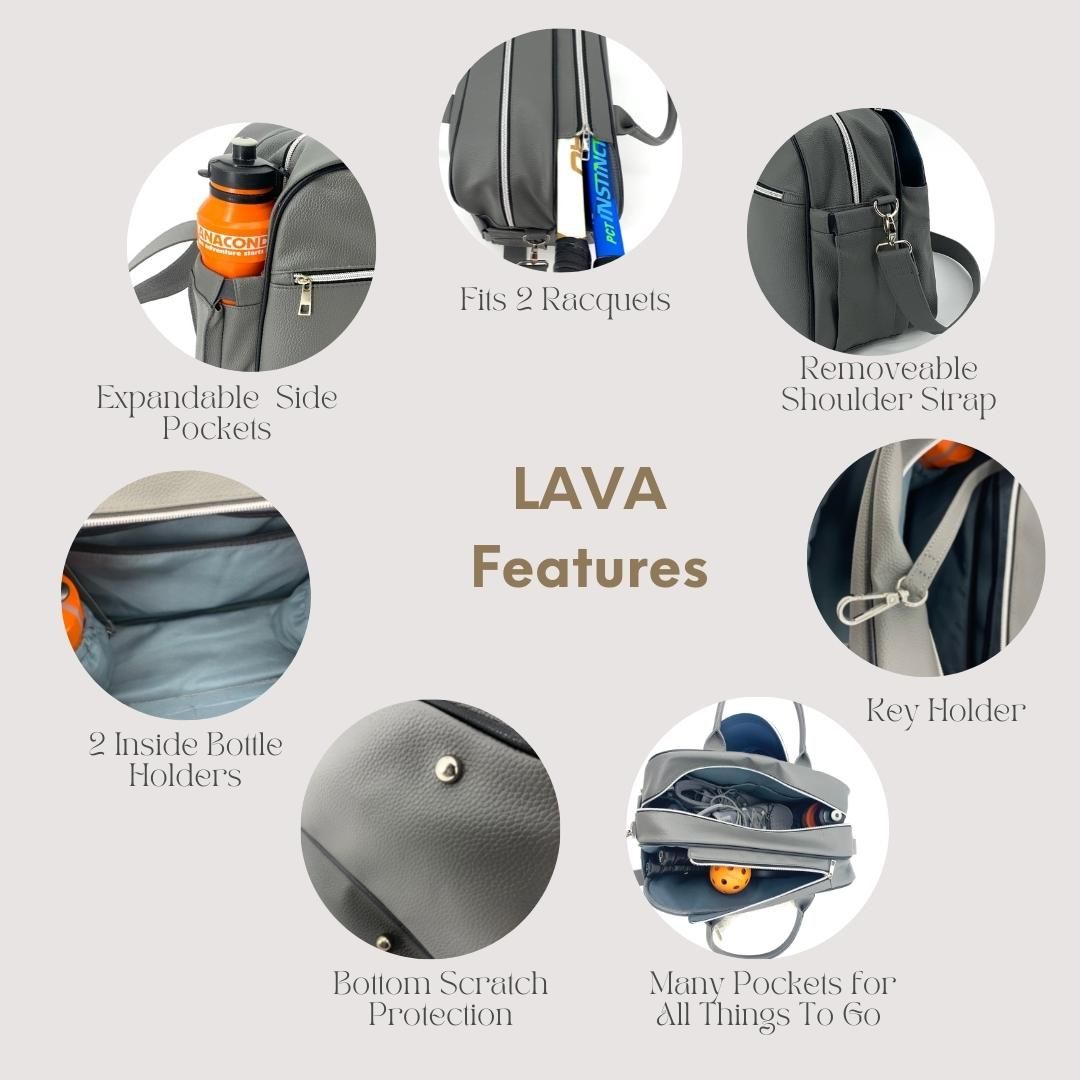 The LAVA medium tennis duffle bag is made of high quality pebble vegan leather;  with separate key and bottle holders. Specially designed racquet pockets can fit up to 2 tennis racquets