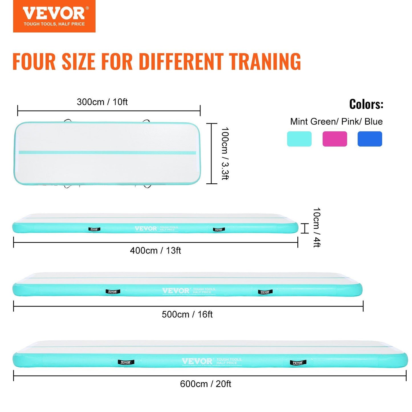 VEVOR Gymnastics Air Mat, 4 inch Thickness Inflatable Gymnastics Tumbling Mat, Tumble Track with Electric Pump, Training Mats for Home Use/Gym/Yoga/Cheerleading/Beach/Park/Water, 16 ft, Mint Green