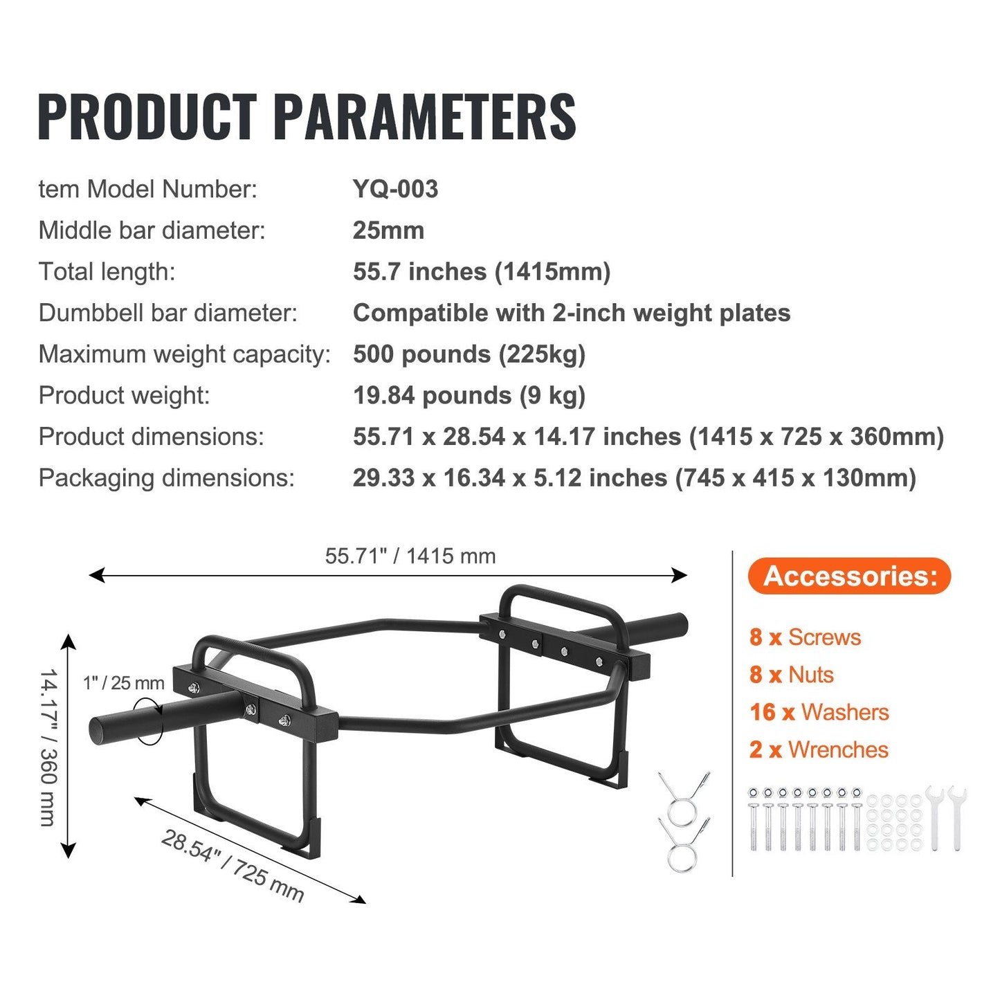 VEVOR Trap Bar, 500 LBS Hex Barbell Trap Bar, 55.7" Squat Deadlift Barbell, 25mm Diameter Weight Lifting Strength Training Shrug Bar with Handle, Home Gym for Squats, Deadlifts, Shrugs