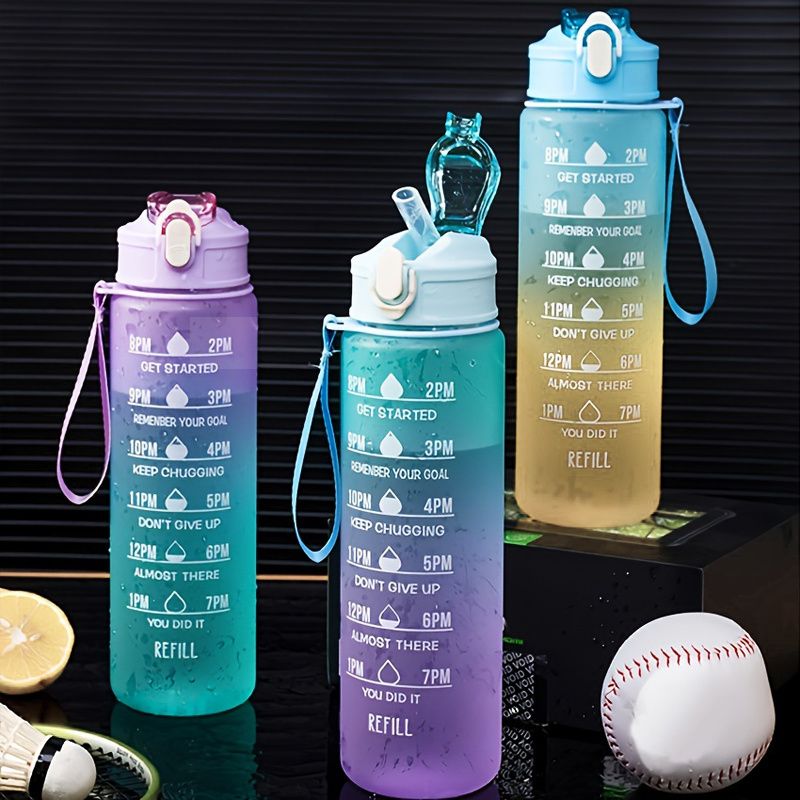 32oz/900mL Motivational Water Bottle With Straw & Time Marker; Daily Water Intake Bottle With Carrying Strap For Fitness Gym School Mountain Climbing Yoga Hiking