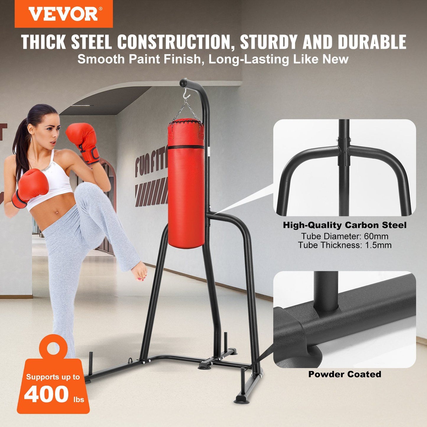 VEVOR Punching Bag Stand, Steel Heavy Duty Workout Equipment, Boxing Punching Bag Stand, Holds Up to 400 lbs, Freestanding Sandbag Rack with Weighted Base, Training Equipment for Home Gym Fitness